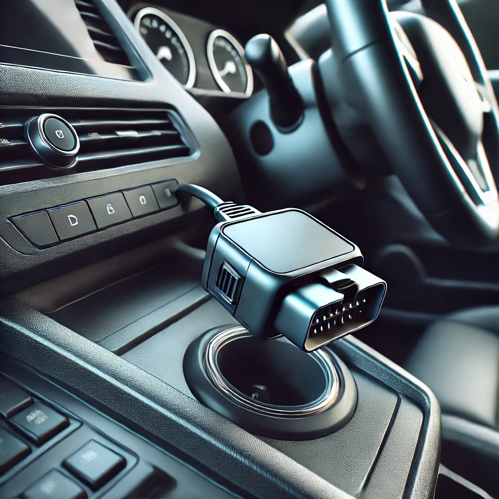 Here is an image of a telematics device installed in a car. It shows the device plugged into the OBD-II port under the dashboard. The modern car interior highlights the positioning of the device clearly.






